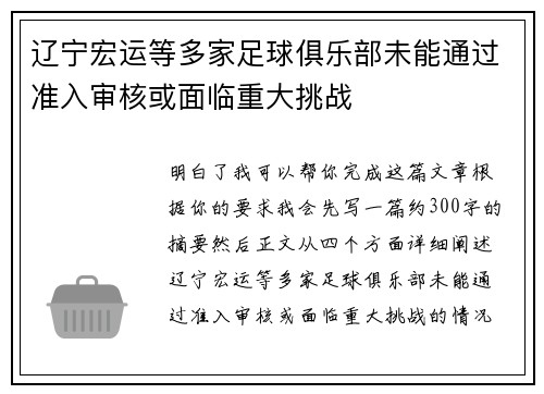 辽宁宏运等多家足球俱乐部未能通过准入审核或面临重大挑战